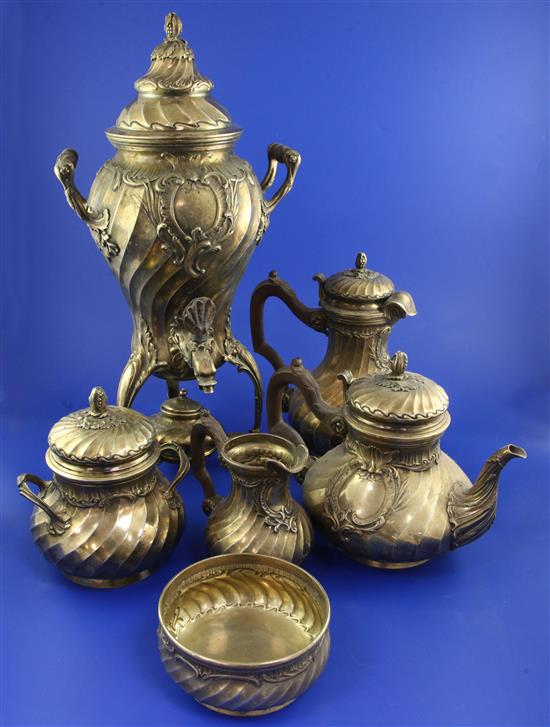 A late 19th century French 950 standard silver gilt six piece tea and coffee service by A. Risler & Carre, Paris,